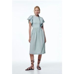 Zara Modest Midi Dress Ruffle Sleeve Cool Mint Green M